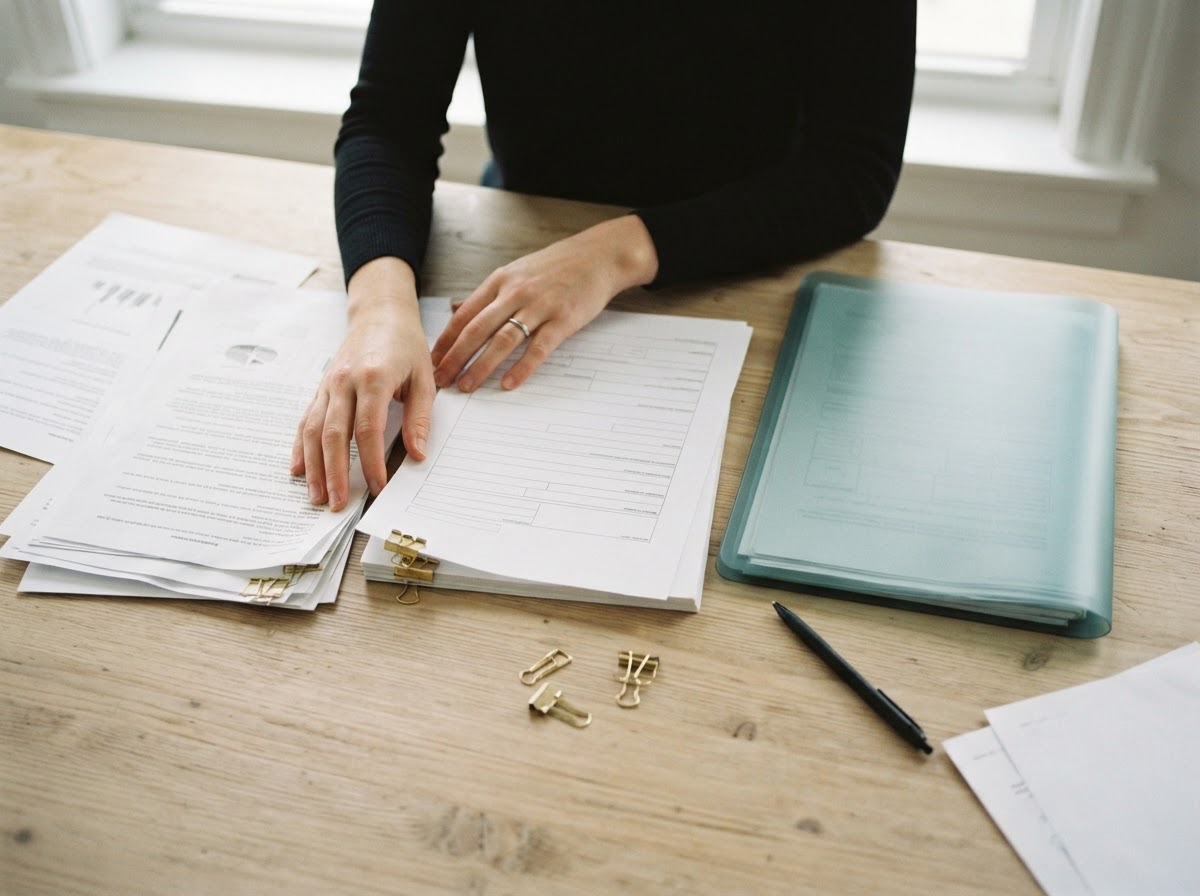 Documents, a form and a folder being organized on a desk